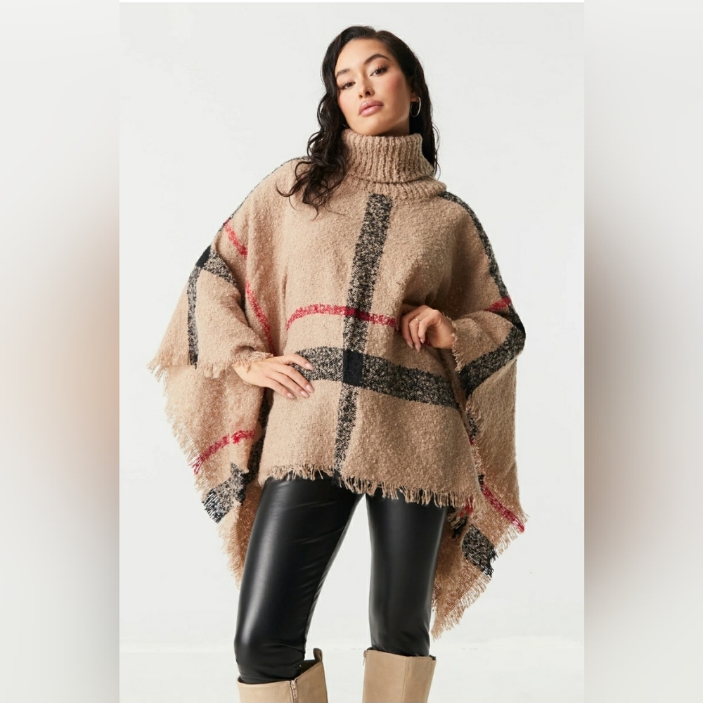 COZY PLAID PONCHO W/ TURTLENECK - Picture 9 of 16